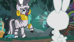 Size: 1920x1080 | Tagged: safe, screencap, character:angel bunny, character:fluttershy, character:zecora, species:pony, species:rabbit, species:zebra, episode:she talks to angel, g4, my little pony: friendship is magic, advice, animal, beautiful, body swap, duo, ear piercing, earring, everfree forest, female, jewelry, leg rings, lidded eyes, looking at each other, male, mare, mohawk, mushroom, neck rings, not angel bunny, piercing, raised hoof, rear view, smiling, talking, wisdom