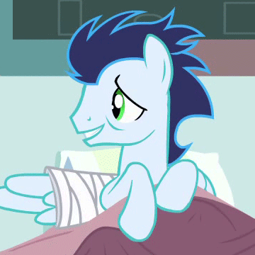 Size: 360x360 | Tagged: safe, screencap, character:soarin', species:pegasus, species:pony, episode:rainbow falls, g4, my little pony: friendship is magic, animated, bandage, bed, cropped, floppy ears, gif, injured, injured wing, male, reversed, sad, solo, stallion, wings
