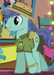 Size: 445x610 | Tagged: safe, screencap, character:compass course, species:earth pony, species:pony, episode:stranger than fanfiction, background pony, cropped, fake wings, male, solo, stallion