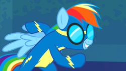 Size: 1280x720 | Tagged: safe, screencap, character:rainbow dash, species:pegasus, species:pony, episode:newbie dash, g4, my little pony: friendship is magic, bipedal, clothing, female, goggles, mare, solo, uniform, wings, wonderbolts, wonderbolts uniform