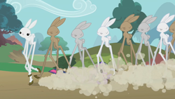 Size: 1280x720 | Tagged: safe, screencap, character:angel bunny, character:twilight sparkle, species:rabbit, episode:the return of harmony, g4, my little pony: friendship is magic, angel is a bunny bastard, bunny stampede, dust cloud, girabbit, stampede