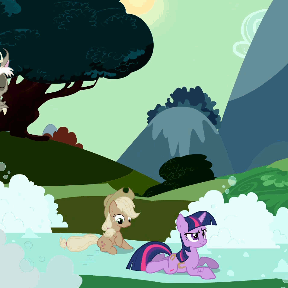 Size: 954x954 | Tagged: safe, screencap, character:applejack, character:discord, character:twilight sparkle, character:twilight sparkle (unicorn), species:draconequus, species:earth pony, species:pony, species:unicorn, episode:the return of harmony, g4, my little pony: friendship is magic, animated, cropped