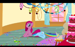 Size: 496x311 | Tagged: safe, screencap, character:pinkamena diane pie, character:pinkie pie, character:rainbow dash, episode:party of one, g4, my little pony: friendship is magic, angry, butt bump, butt smash, cake, confetti, facesitting, food, pinkie pie's house, pinkie's party, sitting on, sitting on pony