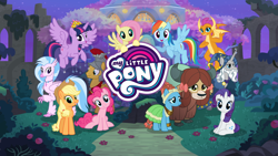 Size: 1280x720 | Tagged: safe, gameloft, screencap, character:applejack, character:flash magnus, character:fluttershy, character:meadowbrook, character:pinkie pie, character:rainbow dash, character:rarity, character:silverstream, character:smolder, character:star swirl the bearded, character:twilight sparkle, character:twilight sparkle (alicorn), character:yona, species:alicorn, species:classical hippogriff, species:dragon, species:earth pony, species:hippogriff, species:pegasus, species:pony, species:unicorn, species:yak, bow, clothing, cloven hooves, cowboy hat, dragoness, female, flying, game, hair bow, hat, helmet, jewelry, logo, looking at you, male, mane six, mare, monkey swings, my little pony logo, necklace, new crown, older, older silverstream, older smolder, stallion, treehouse of harmony