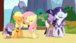 Size: 1280x720 | Tagged: safe, screencap, character:applejack, character:clover the clever, character:fluttershy, character:rarity, character:spike, character:twilight sparkle, episode:hearth's warming eve, g4, my little pony: friendship is magic, princess platinum, private pansy, smart cookie