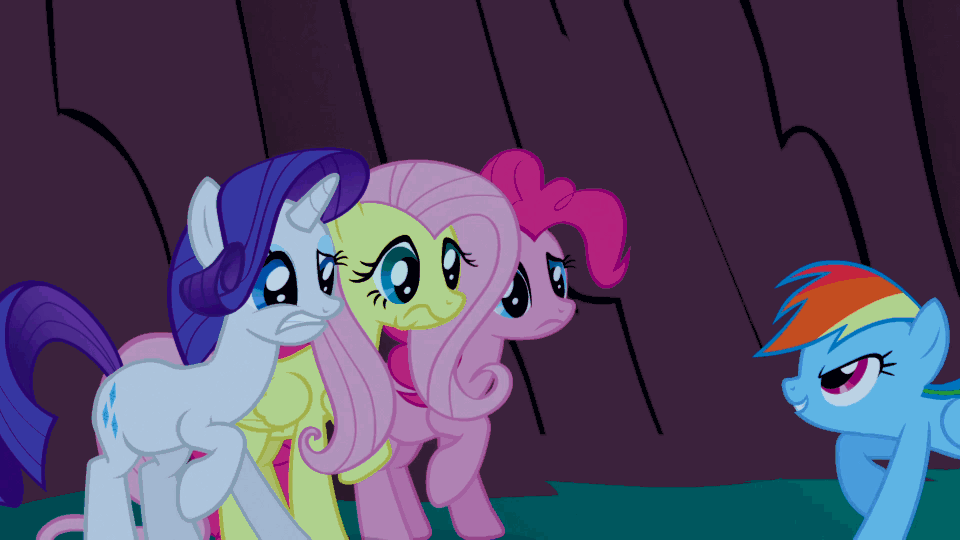 Size: 960x540 | Tagged: safe, screencap, character:applejack, character:fluttershy, character:pinkie pie, character:rainbow dash, episode:friendship is magic, g4, my little pony: friendship is magic, animated, scared