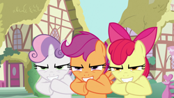 Size: 1920x1080 | Tagged: safe, screencap, character:apple bloom, character:scootaloo, character:sweetie belle, species:earth pony, species:pegasus, species:pony, species:unicorn, episode:one bad apple, g4, my little pony: friendship is magic, cutie mark crusaders, evil grin, female, filly, gendo pose, grin, smiling, trio