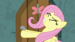 Size: 1920x1080 | Tagged: safe, screencap, character:angel bunny, character:fluttershy, species:pegasus, species:pony, episode:she talks to angel, g4, my little pony: friendship is magic, body swap, eyes closed, female, gritted teeth, mare, pulling, straining