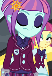 Size: 735x1080 | Tagged: safe, screencap, character:sour sweet, character:sunny flare, my little pony:equestria girls, clothing, cropped, crystal prep academy uniform, eyes closed, eyeshadow, female, freckles, lidded eyes, makeup, school uniform, sunny flare's wrist devices, vest