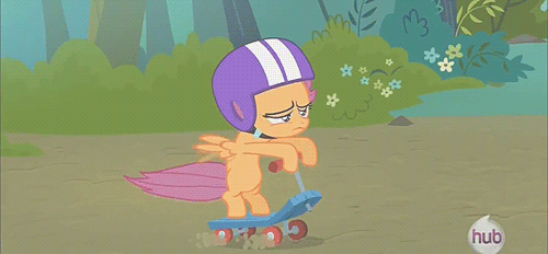 Size: 500x232 | Tagged: safe, screencap, character:scootaloo, species:pegasus, species:pony, episode:sleepless in ponyville, g4, my little pony: friendship is magic, animated, helmet, hub logo, scooter
