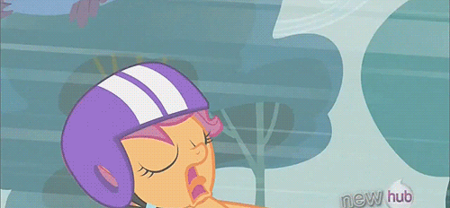Size: 500x232 | Tagged: safe, screencap, character:scootaloo, species:pegasus, species:pony, episode:sleepless in ponyville, g4, my little pony: friendship is magic, animated, cliff, fish, helmet, hub logo, scooter