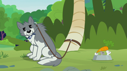Size: 1920x1080 | Tagged: safe, screencap, species:wolf, episode:she talks to angel, g4, my little pony: friendship is magic, carrot, collar, dog collar, food, food bowl, leash, mouse, sandra, sitting, stealing
