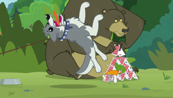 Size: 1920x1080 | Tagged: safe, screencap, character:harry, species:wolf, episode:she talks to angel, g4, my little pony: friendship is magic, bear, card, card tower, carrot, choking, collar, dog collar, food, food bowl, leash, mouse, open mouth, playing card, sandra, tongue out