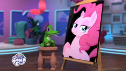 Size: 1920x1080 | Tagged: safe, screencap, character:gummy, character:pinkie pie, species:pony, 3d, alligator, beret, clothing, easel, facial hair, hat, hello pinkie pie, moustache, paintbrush, painting, stage, stool