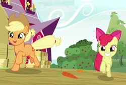 Size: 380x258 | Tagged: safe, screencap, character:apple bloom, character:applejack, episode:going to seed, g4, my little pony: friendship is magic, adorabloom, apple sisters, cropped, cute, duo, galloping, jackabetes, siblings, sisters, smiling, sweet apple acres