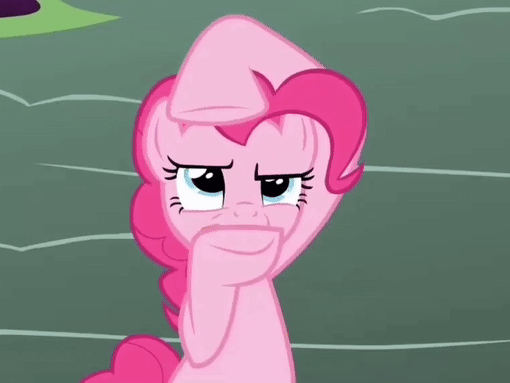 Size: 510x383 | Tagged: safe, screencap, character:pinkie pie, species:earth pony, species:pony, episode:griffon the brush-off, animated, cropped, female, mare, solo, squint, tongue out