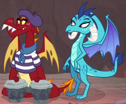 Size: 548x451 | Tagged: safe, screencap, character:garble, character:princess ember, species:dragon, episode:sweet and smoky, g4, my little pony: friendship is magic, beret, bongos, clothing, cropped, female, hat, male, scarf, striped shirt