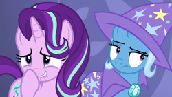 Size: 1280x720 | Tagged: safe, screencap, character:starlight glimmer, character:trixie, episode:celestial advice, g4, my little pony: friendship is magic, duo, stifling laughter