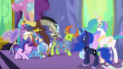Size: 1280x720 | Tagged: safe, screencap, character:discord, character:princess celestia, character:princess luna, character:starlight glimmer, character:thorax, character:trixie, species:changeling, species:draconequus, species:pony, species:reformed changeling, species:unicorn, episode:celestial advice, g4, my little pony: friendship is magic, bowing, equestrian pink heart of courage, eyes closed, levitation, magic, reformed four, royal sisters, telekinesis, twilight's castle