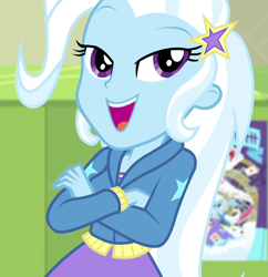 Size: 1046x1080 | Tagged: safe, screencap, character:trixie, equestria girls:forgotten friendship, g4, my little pony:equestria girls, barrette, canterlot high, clothing, cropped, crossed arms, cute, diatrixes, female, hallway, hoodie, lockers, open mouth, solo, trixie's poster
