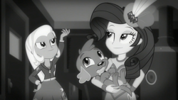 Size: 1280x720 | Tagged: safe, screencap, character:rarity, character:spike, character:spike (dog), character:trixie, species:dog, episode:rarity investigates: the case of the bedazzled boot, g4, my little pony:equestria girls, monochrome