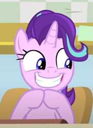 Size: 421x579 | Tagged: safe, screencap, character:starlight glimmer, episode:a horse shoe-in, g4, my little pony: friendship is magic, big smile, chair, cropped, cute, desk, glimmerbetes, hooves together, sitting, smiling, solo