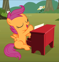 Size: 693x722 | Tagged: safe, screencap, character:scootaloo, species:pegasus, species:pony, episode:the show stoppers, g4, my little pony: friendship is magic, cropped, eyes closed, musical instrument, open mouth, piano, playing, solo