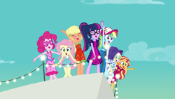 Size: 1280x720 | Tagged: safe, screencap, character:applejack, character:fluttershy, character:pinkie pie, character:rainbow dash, character:rarity, character:sunset shimmer, character:twilight sparkle, character:twilight sparkle (scitwi), species:eqg human, episode:i'm on a yacht, g4, my little pony:equestria girls, humane five, humane seven, humane six