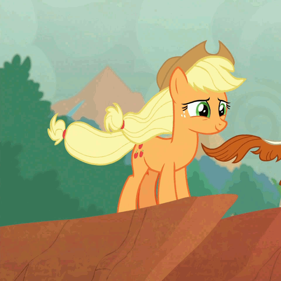 Size: 960x960 | Tagged: safe, screencap, character:applejack, character:autumn blaze, species:earth pony, species:kirin, species:pony, derpibooru, episode:sounds of silence, g4, my little pony: friendship is magic, animated, cropped, cute, female, jackabetes, juxtaposition, juxtaposition win, mare, meme, meta, solo focus