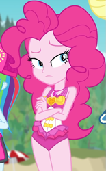 Size: 571x922 | Tagged: safe, screencap, character:applejack, character:pinkie pie, character:rainbow dash, equestria girls:forgotten friendship, g4, my little pony:equestria girls, beach umbrella, blurred background, bow tie, clothing, cloud, cropped, crossed arms, curly hair, cute, diapinkes, female, forest background, geode of sugar bombs, heart, jewelry, legs, lidded eyes, magical geodes, necklace, sky, sleeveless, swimsuit