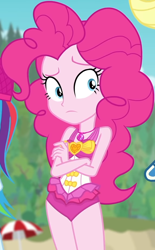 Size: 572x921 | Tagged: safe, screencap, character:applejack, character:pinkie pie, character:rainbow dash, equestria girls:forgotten friendship, g4, my little pony:equestria girls, beach umbrella, blurred background, bow tie, clothing, cloud, cropped, crossed arms, cute, diapinkes, female, forest background, geode of sugar bombs, heart, jewelry, legs, magical geodes, necklace, sky, sleeveless, swimsuit