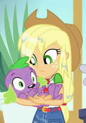 Size: 464x661 | Tagged: safe, screencap, character:applejack, character:spike, character:spike (dog), species:dog, episode:my little shop of horrors, g4, my little pony:equestria girls, cropped, duo, female, holding a dog, male, water, wet hair