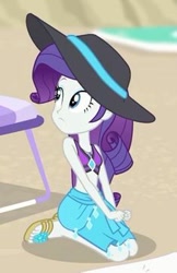 Size: 235x362 | Tagged: safe, screencap, character:rarity, equestria girls:forgotten friendship, g4, my little pony:equestria girls, bikini, clothing, cropped, feet, hat, kneeling, midriff, sandals, sarong, solo, swimsuit