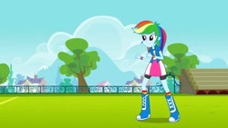 Size: 1280x720 | Tagged: safe, screencap, character:rainbow dash, equestria girls:equestria girls, g4, my little pony:equestria girls, boots, clothing, compression shorts, shoes, skirt, solo, wristband