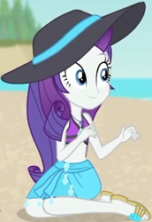 Size: 274x398 | Tagged: safe, screencap, character:rarity, equestria girls:forgotten friendship, g4, my little pony:equestria girls, beach, beach hat, belly button, bikini, bikini top, clothing, cropped, cute, female, forest background, geode of shielding, jewelry, legs, magical geodes, midriff, necklace, ocean, outdoors, raribetes, sand, sandals, sarong, sky, smiling, solo, swimsuit
