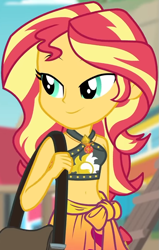 Size: 629x991 | Tagged: safe, screencap, character:sunset shimmer, equestria girls:forgotten friendship, g4, my little pony:equestria girls, belly button, bikini, bikini top, blurred background, cliff, clothing, cropped, cute, female, forest background, geode of empathy, jewelry, lidded eyes, magical geodes, midriff, necklace, outdoors, sarong, sexy, shimmerbetes, shoulder bag, sky, sleeveless, smiling, solo, steps, swimsuit