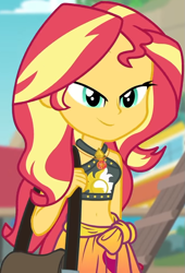 Size: 671x986 | Tagged: safe, screencap, character:sunset shimmer, equestria girls:forgotten friendship, g4, my little pony:equestria girls, belly button, bikini, bikini top, blurred background, cliff, clothing, cropped, cute, female, forest background, geode of empathy, jewelry, lidded eyes, magical geodes, midriff, necklace, outdoors, sarong, sexy, shimmerbetes, shoulder bag, sky, sleeveless, smiling, solo, steps, swimsuit