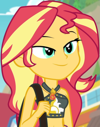 Size: 789x998 | Tagged: safe, screencap, character:sunset shimmer, equestria girls:forgotten friendship, g4, my little pony:equestria girls, belly button, bikini, bikini top, blurred background, cliff, clothing, cloud, cropped, cute, female, forest background, geode of empathy, jewelry, lidded eyes, magical geodes, midriff, necklace, outdoors, sarong, sexy, shimmerbetes, shoulder bag, sky, sleeveless, smiling, solo, steps, swimsuit