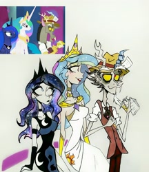 Size: 2607x3011 | Tagged: safe, artist:citi, screencap, character:discord, character:princess celestia, character:princess luna, species:human, episode:the beginning of the end, g4, my little pony: friendship is magic, humanized, scene interpretation, screencap reference, starry hair, traditional art