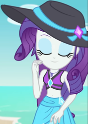 Size: 719x1018 | Tagged: safe, screencap, character:rarity, equestria girls:forgotten friendship, g4, my little pony:equestria girls, beach, beach hat, belly button, bikini, bikini top, clothing, cloud, cropped, cute, diamond, eyes closed, female, geode of shielding, jewelry, magical geodes, midriff, necklace, ocean, outdoors, raribetes, sand, sarong, sexy, sky, sleeveless, smiling, solo, swimsuit