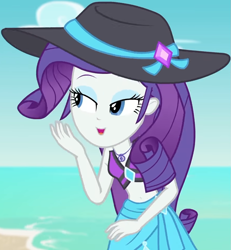 Size: 887x961 | Tagged: safe, screencap, character:rarity, equestria girls:forgotten friendship, g4, my little pony:equestria girls, beach, beach hat, belly button, bikini, bikini top, clothing, cloud, cropped, cute, diamond, female, geode of shielding, jewelry, lidded eyes, magical geodes, midriff, necklace, outdoors, raribetes, sand, sarong, sexy, sky, sleeveless, smiling, solo, swimsuit