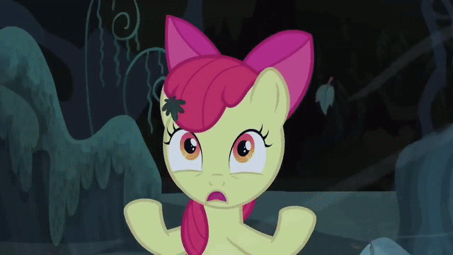 Size: 640x360 | Tagged: safe, screencap, character:apple bloom, species:earth pony, species:pony, episode:bloom and gloom, g4, my little pony: friendship is magic, absurd file size, absurd gif size, animated, bow, dark, dream, eyes closed, forest, gif, glowing eyes, glowing mouth, good trick, leaves, moon, nightmare, rotating, rotation, scared, scary, shadow, shadow bloom, spinning, spooky, talking, window
