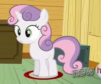 Size: 326x271 | Tagged: safe, screencap, character:sweetie belle, species:pony, species:unicorn, episode:one bad apple, g4, my little pony: friendship is magic, animated, clubhouse, cropped, crusaders clubhouse, female, filly, hub logo, new, sitting, solo, thinking