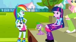 Size: 1280x720 | Tagged: safe, screencap, character:fluttershy, character:rainbow dash, character:spike, character:twilight sparkle, species:dog, equestria girls:equestria girls, g4, my little pony:equestria girls, boots, clothing, compression shorts, shoes, skirt, spike the dog