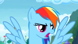 Size: 1280x720 | Tagged: safe, screencap, character:rainbow dash, species:pegasus, species:pony, episode:rainbow falls, g4, my little pony: friendship is magic, displeased, female, flying, mare, multicolored hair, narrowed eyes, rainbow dash is not amused, solo, spread wings, talking, unamused, wings