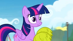 Size: 1280x720 | Tagged: safe, screencap, character:twilight sparkle, character:twilight sparkle (alicorn), species:alicorn, species:pony, episode:rainbow falls, g4, my little pony: friendship is magic, female, folded wings, mare, pom pom, solo, wavy mouth, wings