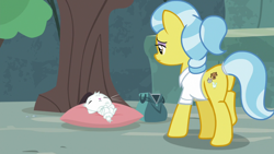 Size: 1920x1080 | Tagged: safe, screencap, character:angel bunny, character:doctor fauna, character:fluttershy, species:earth pony, species:pony, species:rabbit, episode:she talks to angel, g4, my little pony: friendship is magic, animal, bag, body swap, bruised, cutie mark, exhausted, eyes closed, female, frown, lying down, male, mare, medical bag, not angel bunny, pillow, plot, ponytail, purple eyeshadow, tail wrap, unconscious, vet, walking, worried