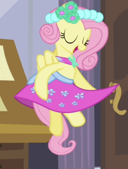Size: 254x335 | Tagged: safe, screencap, character:fluttershy, episode:a canterlot wedding, g4, my little pony: friendship is magic, alternate hairstyle, animated, bridesmaid dress, clothing, cropped, cute, dancing, dress, floating, playing, playing with dress, solo