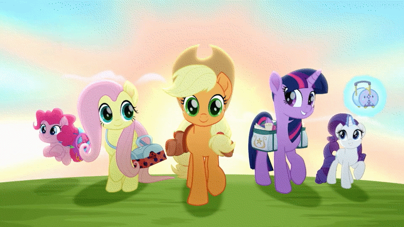 Size: 800x450 | Tagged: safe, screencap, character:applejack, character:fluttershy, character:pinkie pie, character:rarity, character:twilight sparkle, character:twilight sparkle (alicorn), species:alicorn, species:earth pony, species:pegasus, species:pony, species:unicorn, friendship is magic: rainbow roadtrip, g4, my little pony: friendship is magic, animated, applejack's hat, bag, bouncing, clothing, cowboy hat, female, glowing horn, grin, hat, horn, loop, magic, mare, opening, pronking, saddle bag, scroll, smiling, strutting, sun, sunrise, telekinesis, walking