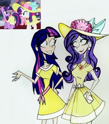 Size: 2605x2959 | Tagged: safe, artist:citi, screencap, character:rarity, character:twilight sparkle, species:human, episode:sweet and elite, g4, my little pony: friendship is magic, birthday dress, clothing, dress, humanized, scene interpretation, screencap reference, traditional art
